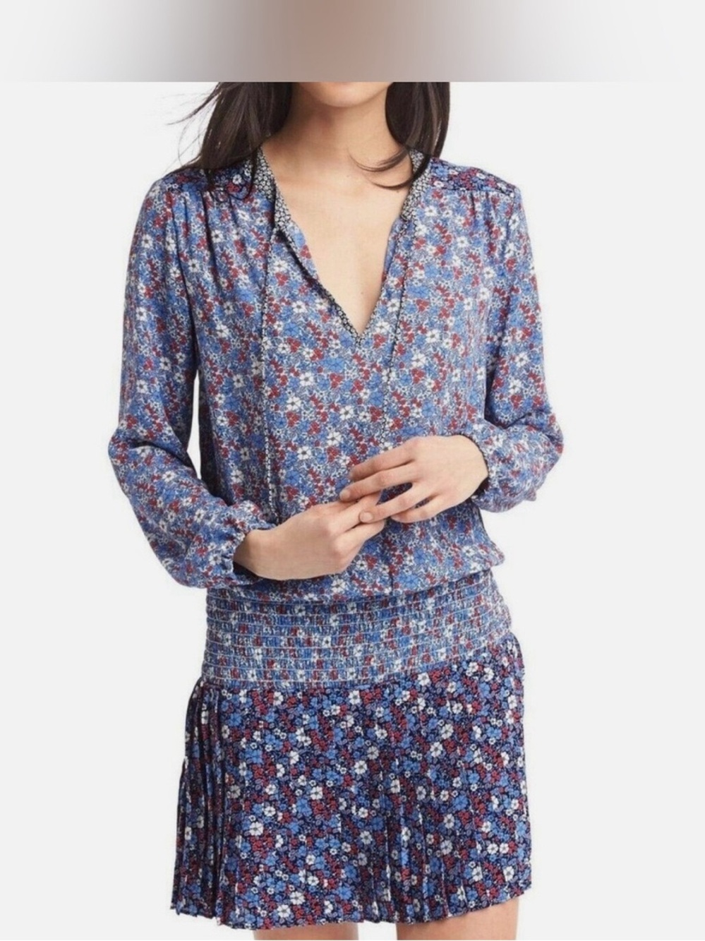 GAP Blue Floral Long-Sleeve Smocked-Waist Mini Dress